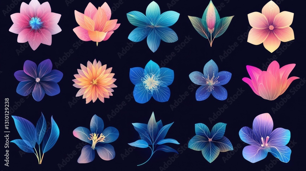 Fototapeta premium Abstract flower icon collection with geometric and symmetrical floral shapes in a clean style.