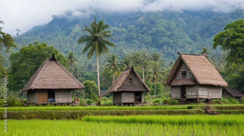 Traditional Indonesian huts in rice paddies Traditional Indonesian huts in rice paddies