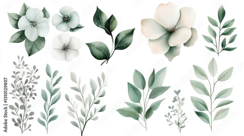 Obraz premium Beautiful collection of green leaves and floral elements painted in a soft watercolor style, perfect for design use