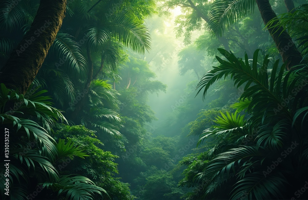 Fototapeta premium Tropical rainforest canopy with vivid green foliage. Dense jungle with palm trees, leaves. Rich biodiversity, ecosystem. Sunlight filters trees, shadows. Natural habitat background illustration.