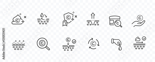 Skin line icon set isolated on transparent background. Care, collagen, cream search signs. Vector outline stroke symbols for medical cosmetic design