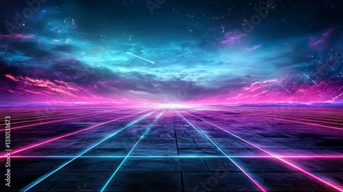 Digital Neon Glow Grid Stretching into the Distant Cosmic Horizon