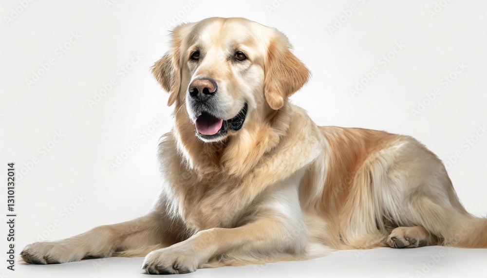 Golden Retriever Dog Laying Down in a Studio Set on Isolated White Background Golden Retriever Dog Laying Down in a Studio Set on Isolated White Background