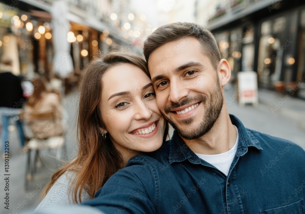 Happy couple taking a selfie in a vibrant street setting Happy couple taking a selfie in a vibrant street setting