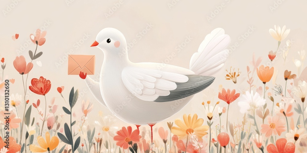 Fototapeta premium Dove Holding Letter in Floral Illustration 