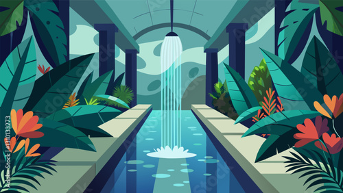 The gentle sound of a trickling waterfall adds to the serene ambiance of the indoor botanical walk where visitors can explore at their own pace.. Vector illustration