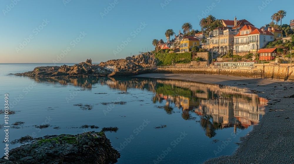 Obraz premium Coastal town houses mirrored in calm morning bay