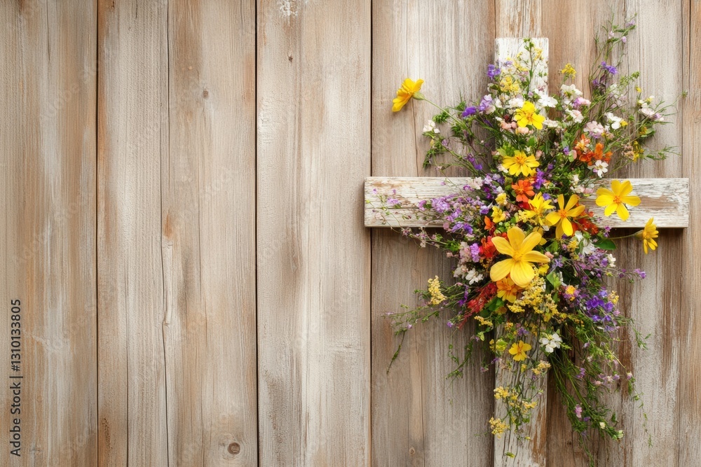 Naklejka premium A Stunning and Beautiful Floral Cross Stands Out Against a Rustic Wooden Background, Perfectly Designed for an Inspiring Easter Celebration Filled with Joy and Grace with Loved Ones and Friends