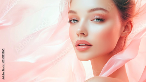 Beautiful young woman face on pastel pink glowing background. Beauty skin care make up cosmetics concept banner. Soft focus
