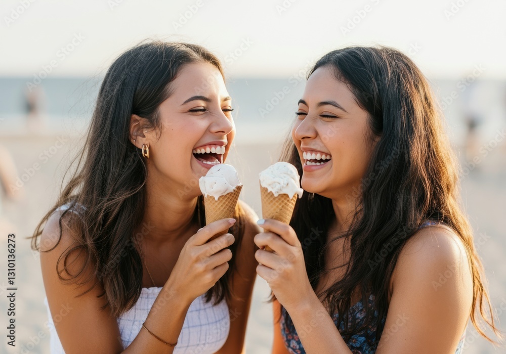 Two women enjoying ice cream cones, sharing laughter on a sunny beach Two women enjoying ice cream cones, sharing laughter on a sunny beach