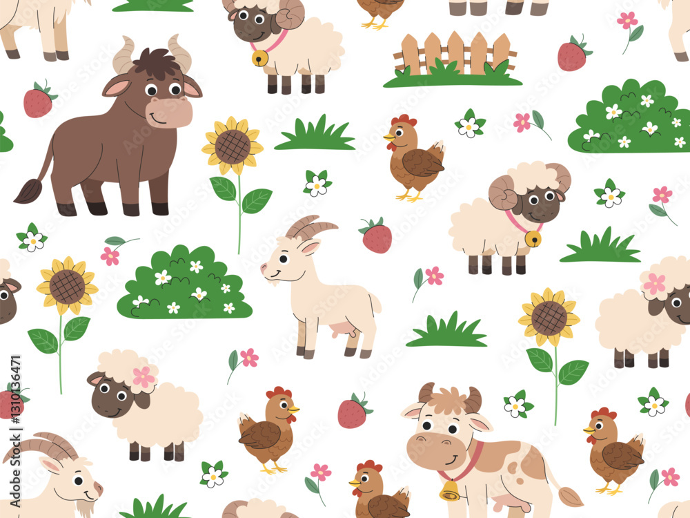 Fototapeta premium Cartoon kids seamless pattern farm animals. Livestock and poultry, bushes, flowers and fence. Rustic cute background with bushes, grass and flowers. White background.
