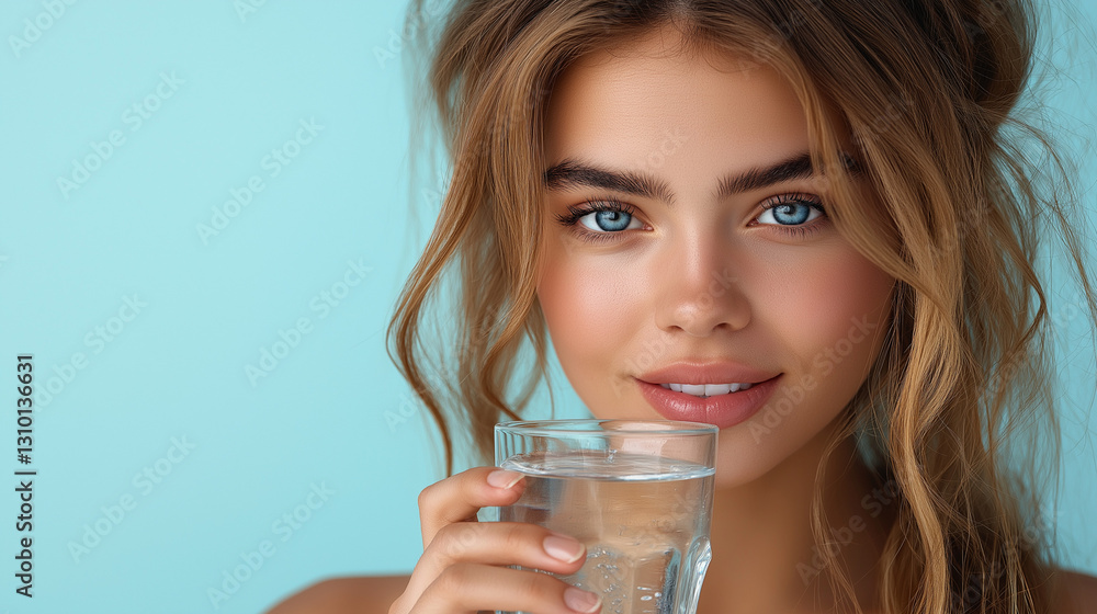 A young woman, with natural beauty and flowing hair, smiles while sipping clear water from a glass. The soft blue backdrop enhances her cheerful expression, capturing a moment of hydration and joy A young woman, with natural beauty and flowing hair, smiles while sipping clear water from a glass. The soft blue backdrop enhances her cheerful expression, capturing a moment of hydration and joy