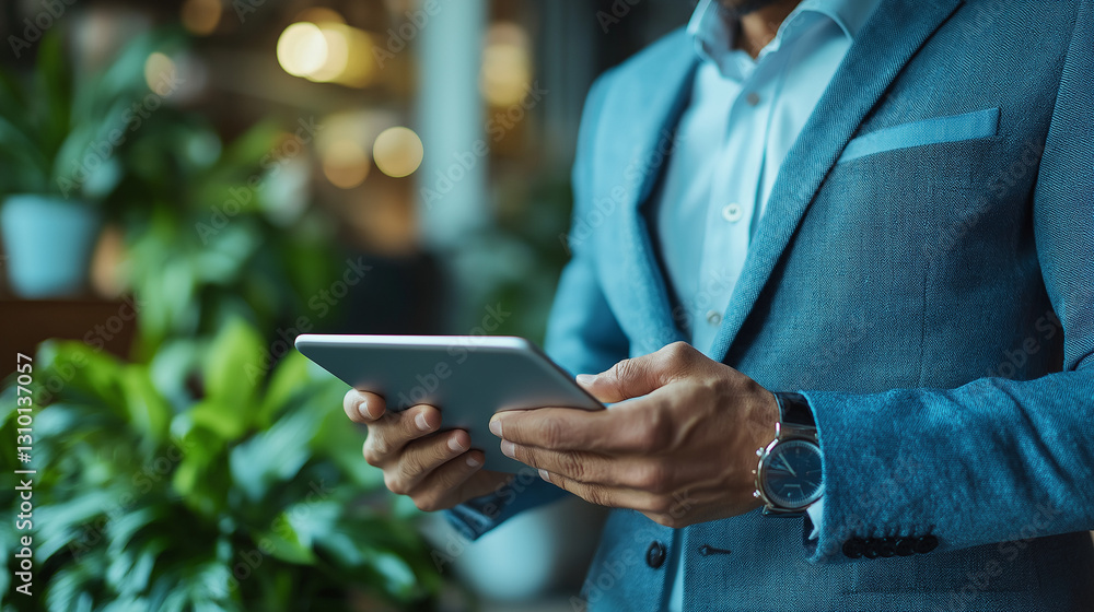 Two business professionals in formal attire discuss work while using a tablet. The environment features greenery and contemporary decor, indicating a creative workspace Two business professionals in formal attire discuss work while using a tablet. The environment features greenery and contemporary decor, indicating a creative workspace