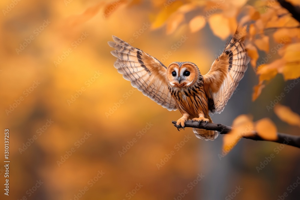 Fototapeta premium Serene Owl Perched on Branch Amidst Vibrant Autumn Foliage
