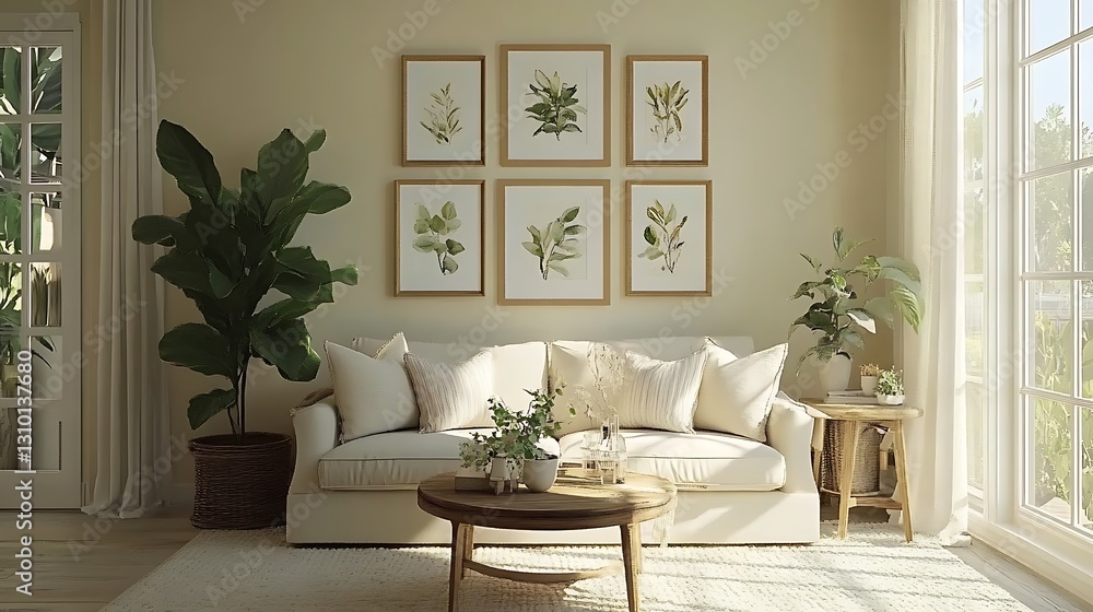 Sunny living room with botanical framed prints Sunny living room with botanical framed prints