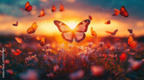Wallpaper Mural A stunning display of butterflies flutters around blooming flowers as they feed, illuminated by the warm glow of a sunset. The enchanting scene captures nature's beauty and tranquility Torontodigital.ca