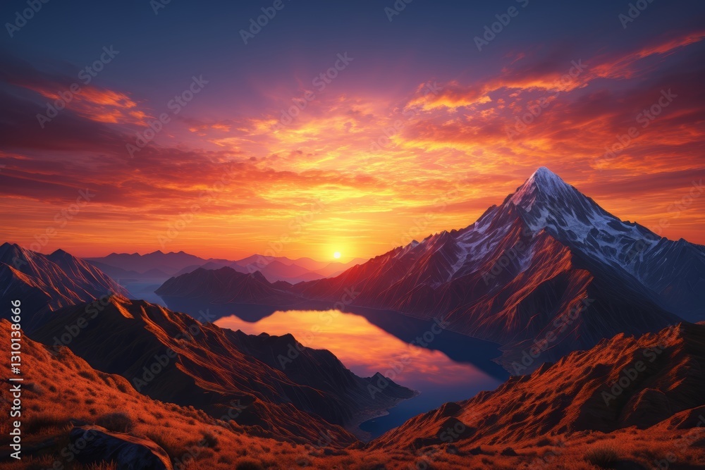 Obraz premium mountains with a lake in the foreground and a sunset in the background