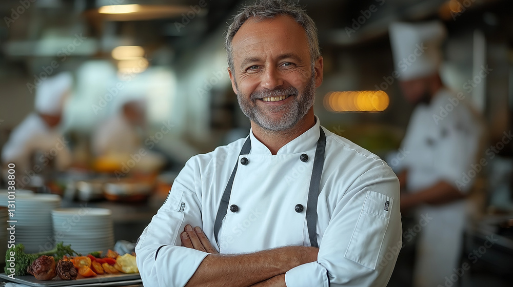 Fototapeta premium A renowned chef stands confidently in a bustling restaurant kitchen, surrounded by kitchen staff preparing meals. Fresh ingredients and dishes are visible, showcasing the dynamic culinary environment