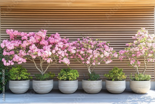 Pink flowering plants in large pots against wooden wall