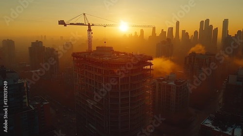 Sunrise construction crane over city skyline construction site photo