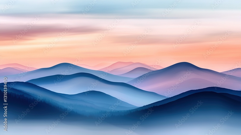 A vibrant mountain range is depicted in this stunning painting, set against a backdrop of pink and blue skies Delicate cloud formations can be seen in the foreground A vibrant mountain range is depicted in this stunning painting, set against a backdrop of pink and blue skies Delicate cloud formations can be seen in the foreground