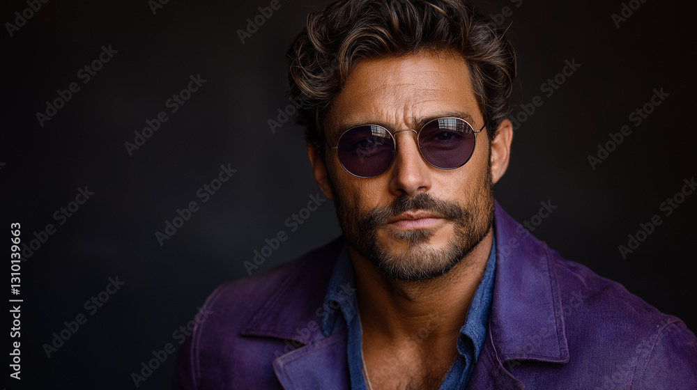 A handsome man wearing sunglasses and a purple jacket exudes confidence as he poses against a dark backdrop. His stylish look emphasizes a modern fashion sense A handsome man wearing sunglasses and a purple jacket exudes confidence as he poses against a dark backdrop. His stylish look emphasizes a modern fashion sense