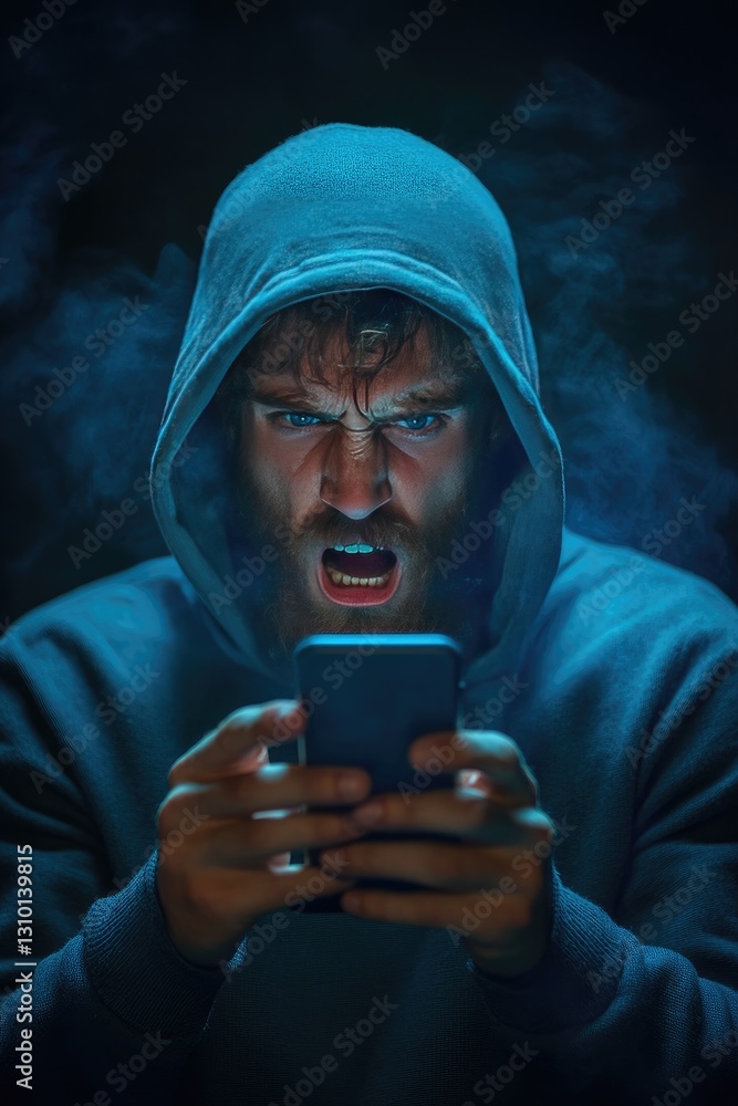Angry Man in Hoodie Yelling at Smartphone Amidst Smoke in Dark Room Angry Man in Hoodie Yelling at Smartphone Amidst Smoke in Dark Room