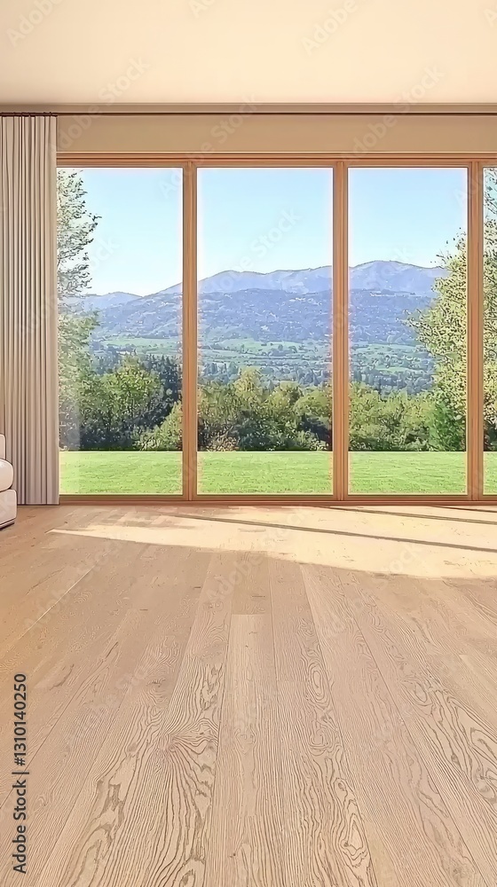 Fototapeta premium Spacious room with large windows, mountain view, interior design, living space, home