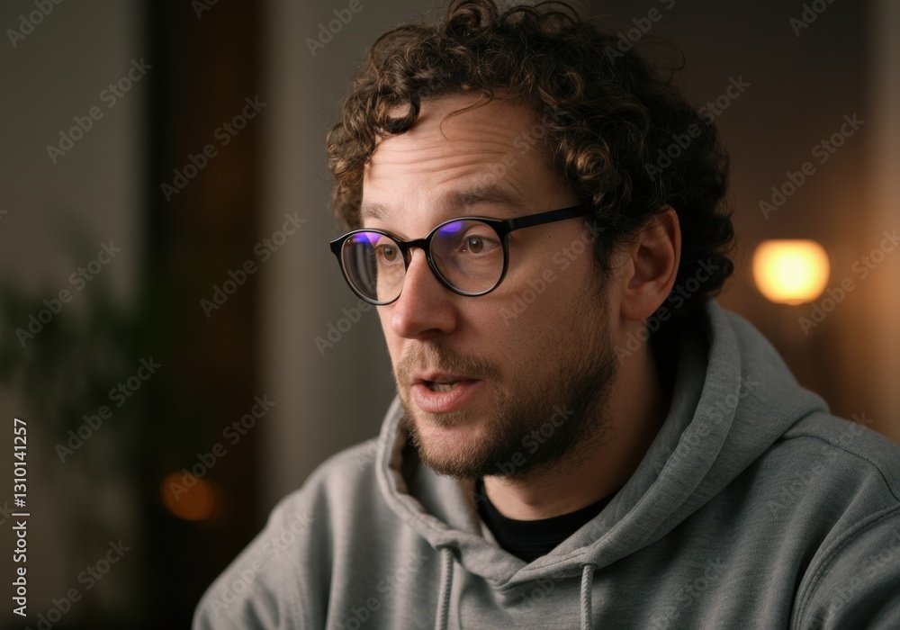 Obraz premium Man with curly hair wearing glasses and a hoodie, engaged in conversation