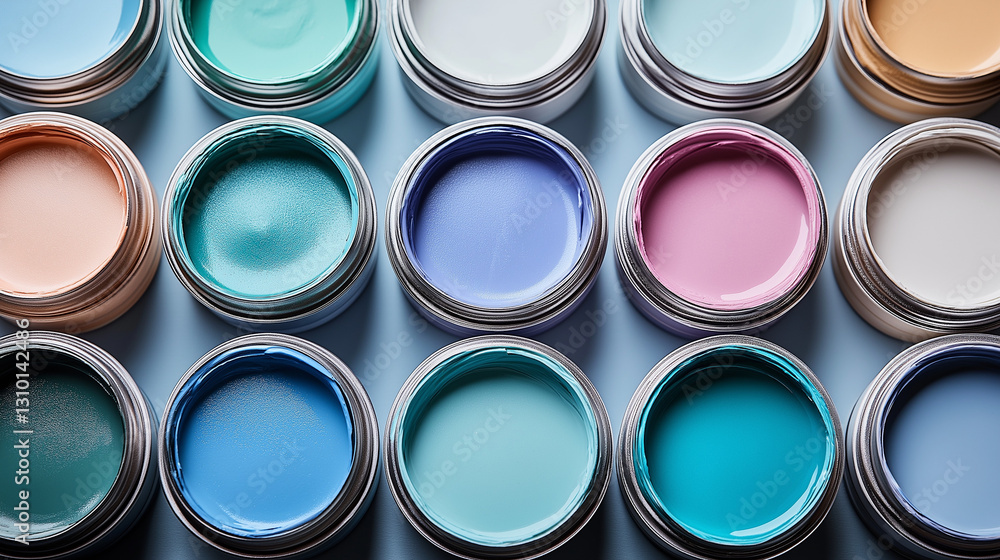 Fototapeta premium Various tiny paint cans showcase an array of colors during a house renovation. The organized display highlights options for walls and decor while enhancing the design process