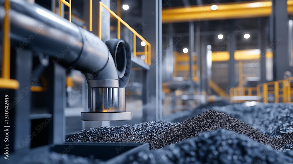 Fototapeta premium A detailed cutaway of an industrial dust collector, showing air intake, particle filtration, and clean air output at a construction site.