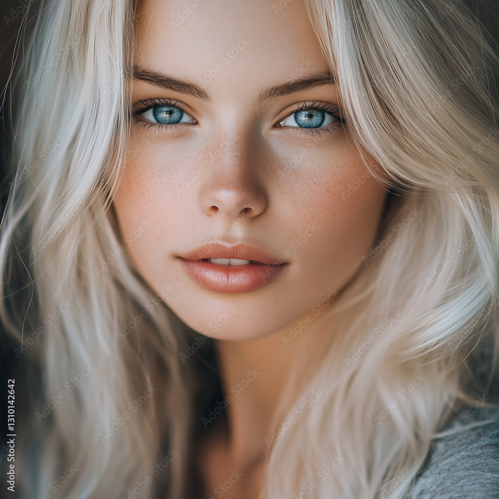 A stunning close-up portrait of a young woman with platinum blonde hair, piercing blue eyes, and radiant skin. Her soft gaze and natural beauty create a modern and elegant look. A stunning close-up portrait of a young woman with platinum blonde hair, piercing blue eyes, and radiant skin. Her soft gaze and natural beauty create a modern and elegant look.