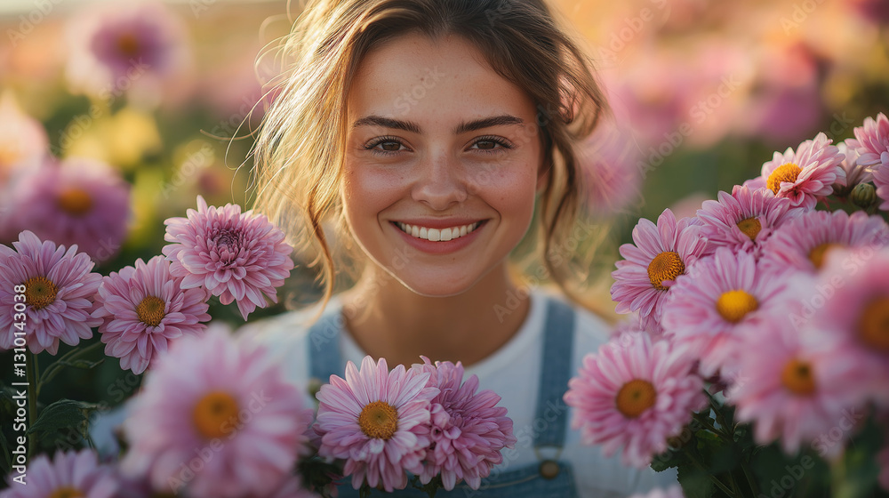 In a blooming field at sunset, a young florist farmer is happily picking purple flowers. Sunlight casts a warm glow, highlighting her joyful expression among the colorful blossoms In a blooming field at sunset, a young florist farmer is happily picking purple flowers. Sunlight casts a warm glow, highlighting her joyful expression among the colorful blossoms