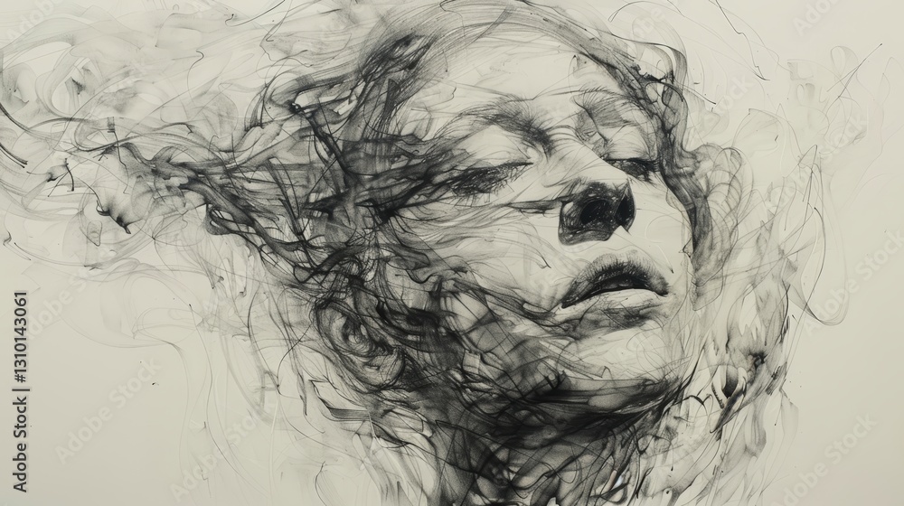 Fototapeta premium A captivating digital sketch showcases a human figure with ghostly features. Graceful lines swirl around, creating a sense of movement and emotion in an ethereal manner.