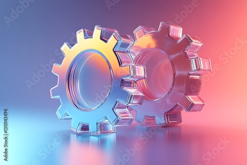two gears with a glassy look floating for tech advancement imagery  
