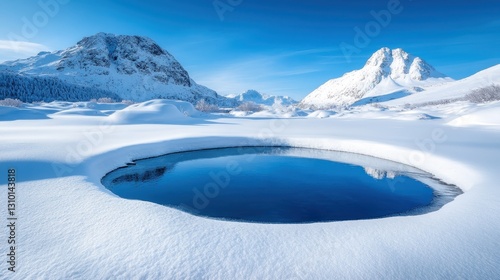 This captivating image depicts an isolated water pool surrounded by a snowy landscape, highlighting the stark contrast between the water and the soft white blanket of snow. photo