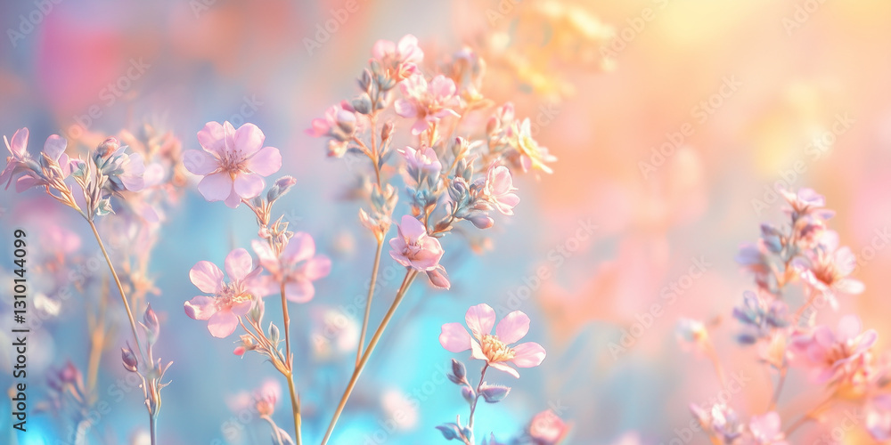 Beautiful spring flowers in the meadow, with a colorful background. The blurred background creates a dreamy effect for cosmetics, spa, perfume, beauty salon, florist shop, invitation, gift card Beautiful spring flowers in the meadow, with a colorful background. The blurred background creates a dreamy effect for cosmetics, spa, perfume, beauty salon, florist shop, invitation, gift card