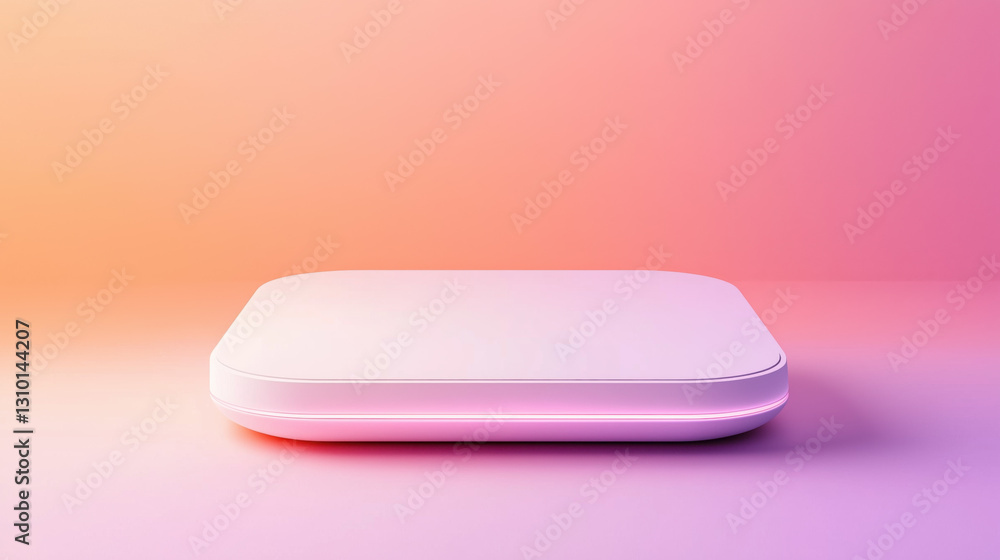 Sleek Matte White Podium with Sharp Edges in a Brightly Lit Studio, Set Against a Gradient Pastel Peach-to-Lavender Backdrop, Ideal for Trendy and Modern Product Photography Sleek Matte White Podium with Sharp Edges in a Brightly Lit Studio, Set Against a Gradient Pastel Peach-to-Lavender Backdrop, Ideal for Trendy and Modern Product Photography