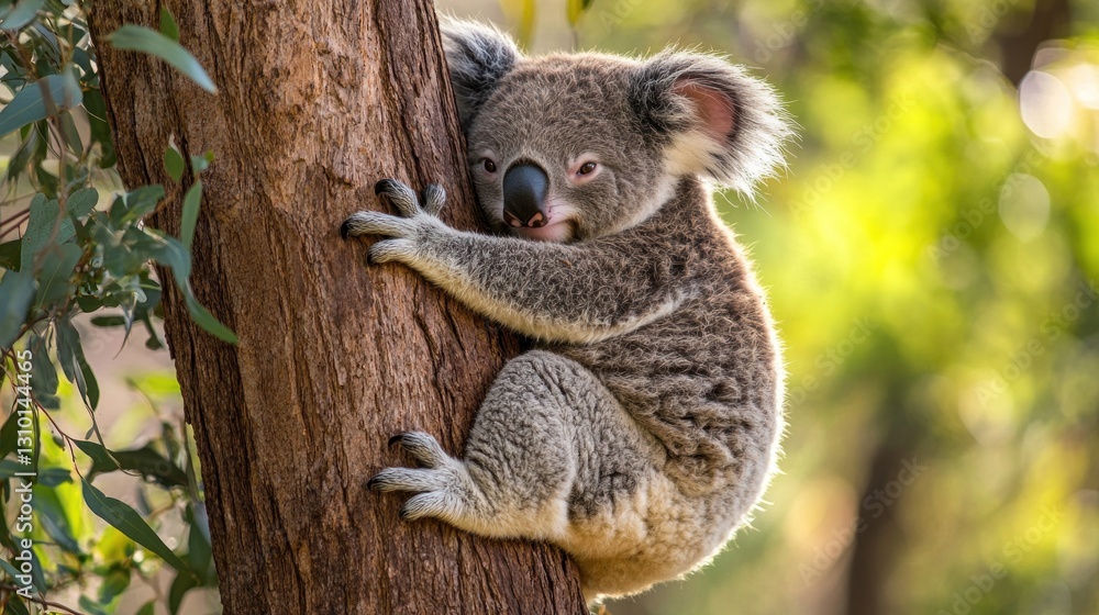 Fototapeta premium Koala clinging to tree trunk, Australian outback