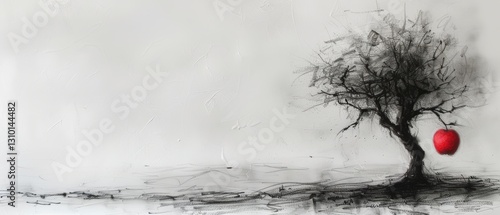 A quick charcoal sketch displays a bare tree in a minimalist setting. An alluring red apple hangs from one branch, contrasting with the monochrome background.