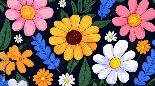 Wallpaper Mural Colorful floral pattern with daisies, leaves, and blossoms on dark background. Torontodigital.ca