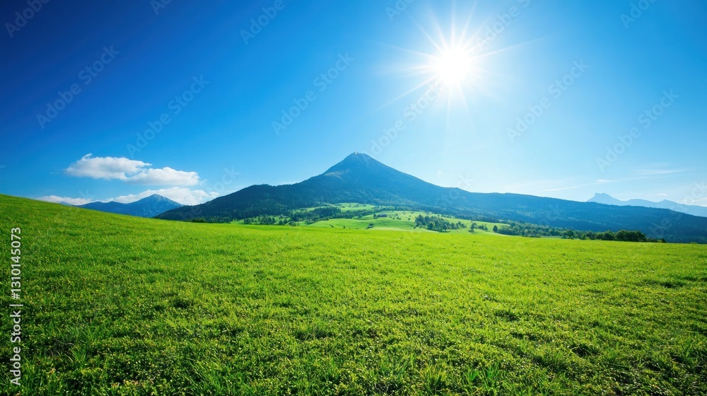 Lush green meadow stretches to a mountain peak under a vibrant blue sky