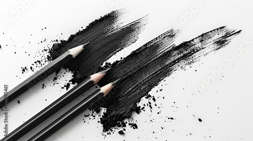 Black and gray pencil strokes lay on a white background, combined with charcoal powder to form an abstract artwork emphasizing texture and contrast.