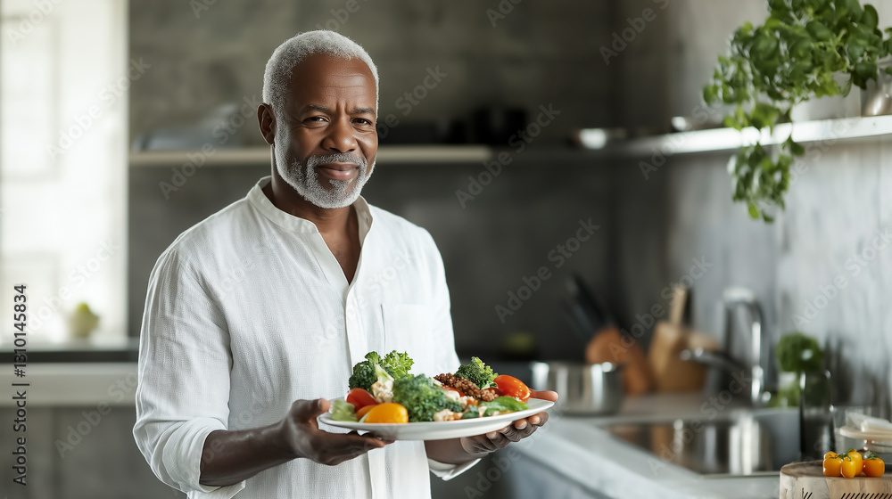 Senior man smiling while holding a plate of healthy food in a modern kitchen Senior man smiling while holding a plate of healthy food in a modern kitchen