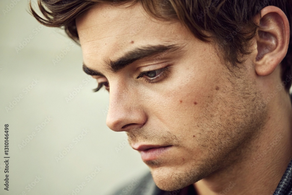Fototapeta premium Young Man with a Pensive Look, Deep in Thought, in a Close-Up Portrait