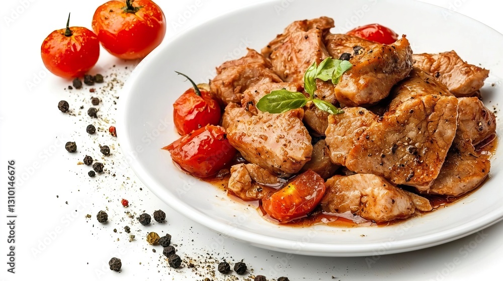 Delicious Pork Slices in Savory Sauce with Boiled Tomatoes and Spices on a White Plate Delicious Pork Slices in Savory Sauce with Boiled Tomatoes and Spices on a White Plate
