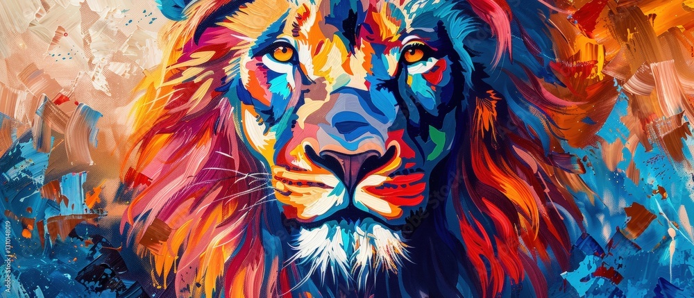 Fototapeta A striking lion head is presented with vivid colors and intricate textures, captivating the viewer's attention.