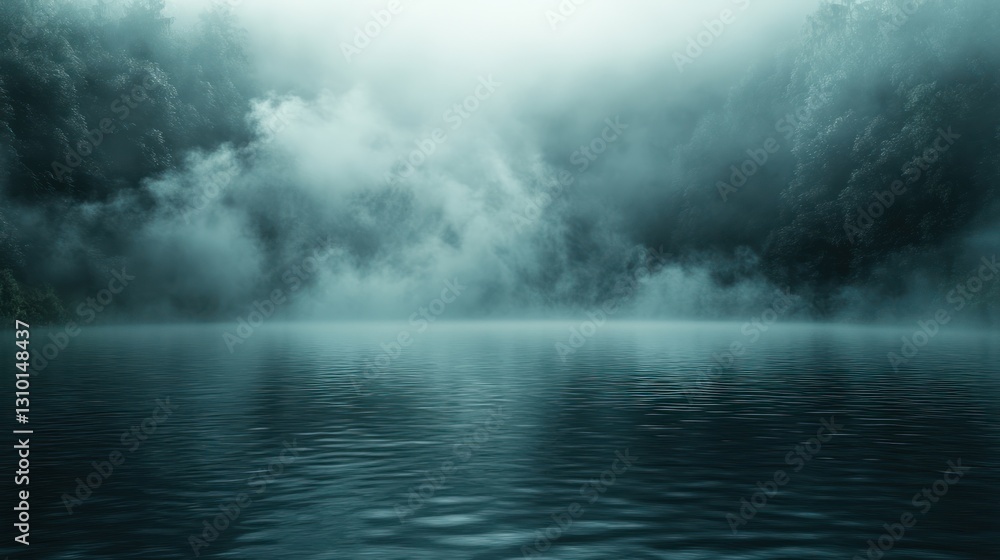 Fototapeta premium Misty lake shrouded in fog, dark forest background.