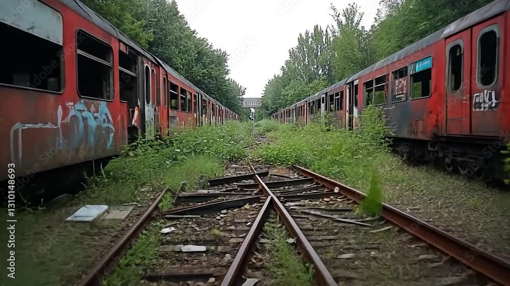 Abandoned train cars overgrown with vegetation on a deserted railway track in nature Abandoned train cars overgrown with vegetation on a deserted railway track in nature