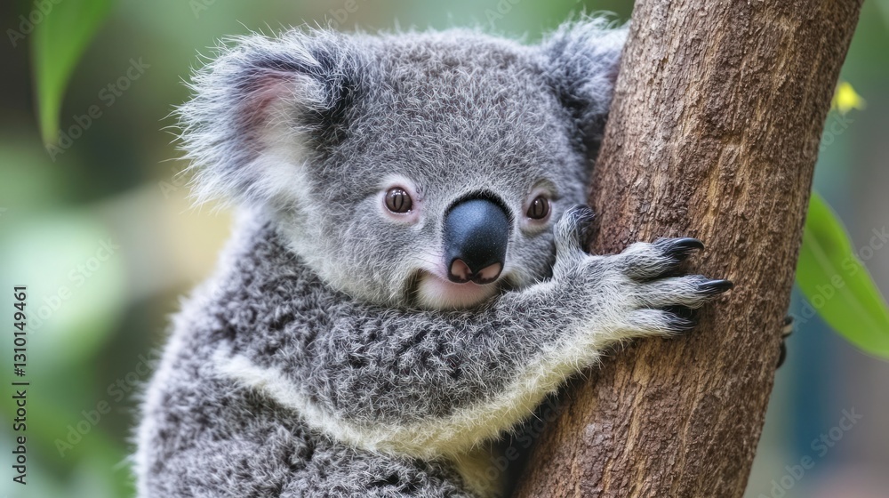 Obraz premium Baby Koala clinging to tree trunk